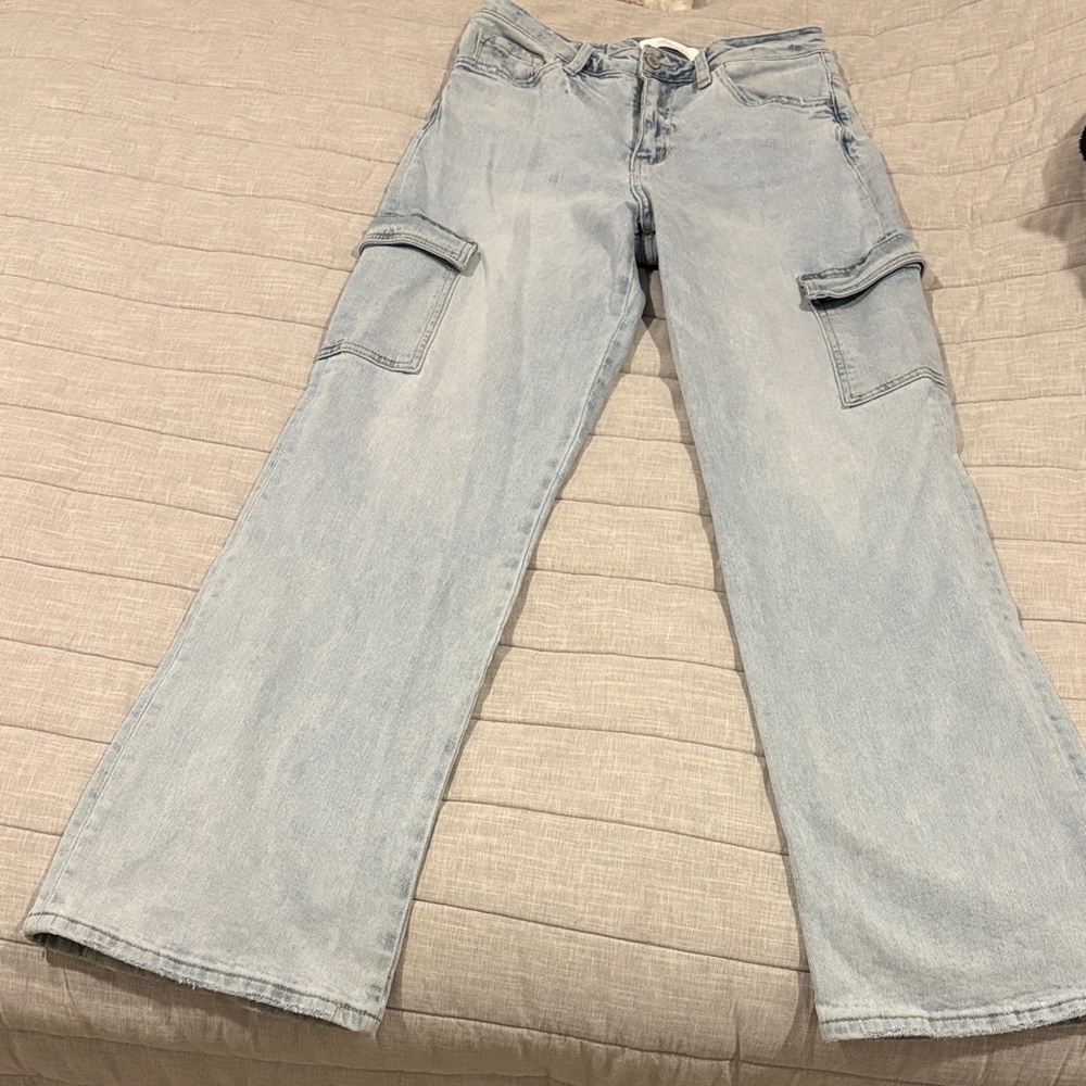 Light Blue Wide-Leg Cargo Jeans for Women